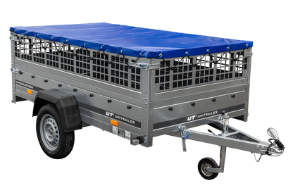 Remolque de un eje sobre ballestas 264x125 UNITRAILER GARDEN 264/R BASCULANTE con laterales de rejilla, marco en H y lona azul