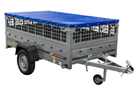 Remolque de un eje sobre ballestas 264x125 UNITRAILER GARDEN 264/R BASCULANTE con laterales de rejilla, marco en H y lona azul