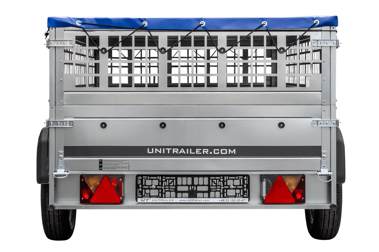 Remolque de un eje sobre ballestas 264x125 UNITRAILER GARDEN 264/R BASCULANTE con laterales de rejilla, marco en H y lona azul