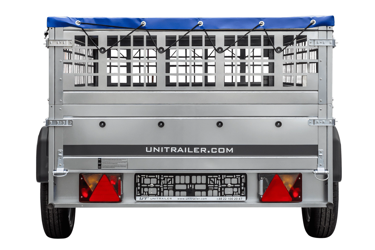 Remolque de un eje sobre ballestas 264x125 UNITRAILER GARDEN 264/R BASCULANTE con laterales de rejilla, marco en H y lona azul