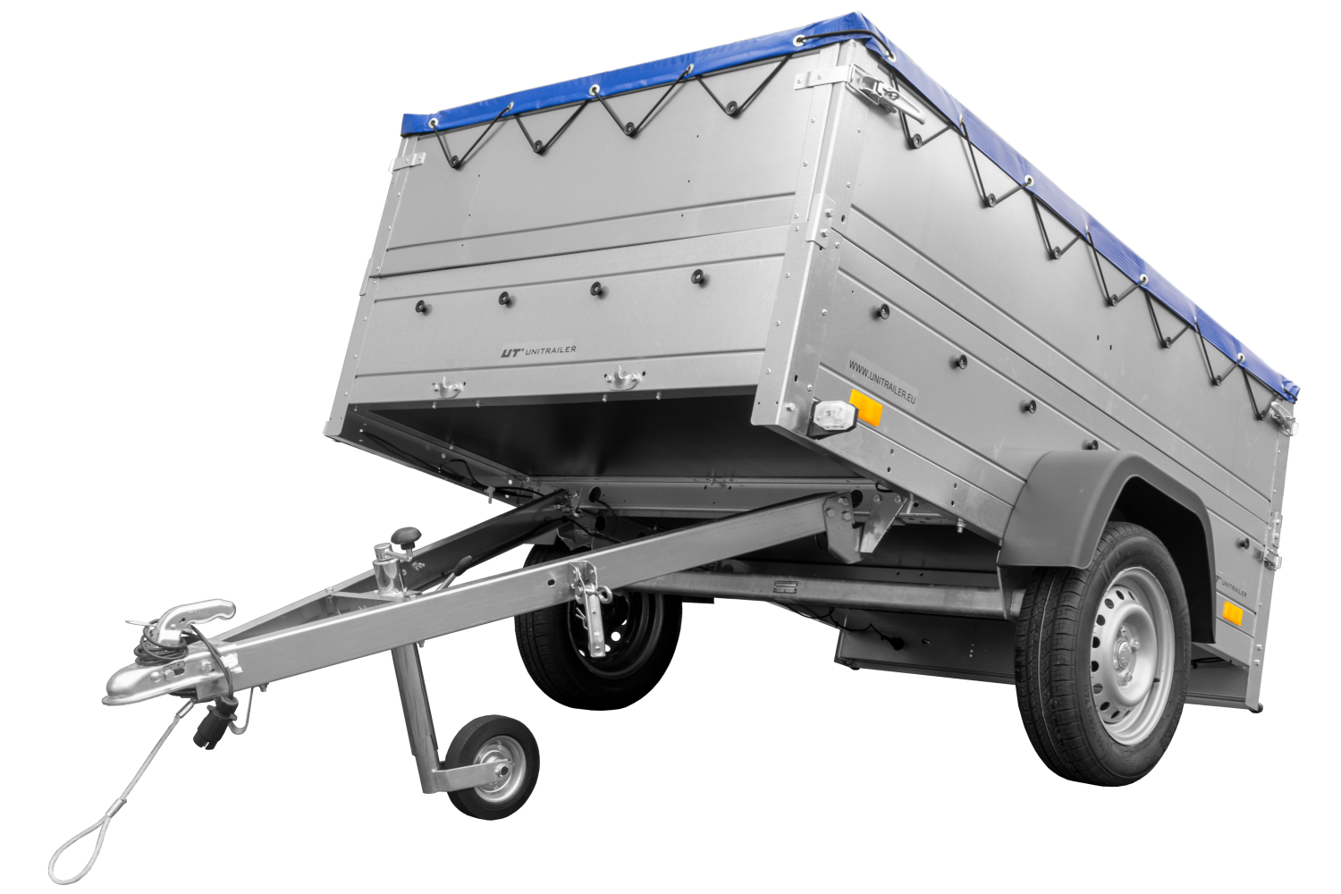 Remolque de coche 750 kg GARDEN TRAILER 201 BASCULANTE con paredes laterales adicionales, rueda de apoyo y lona plana azul