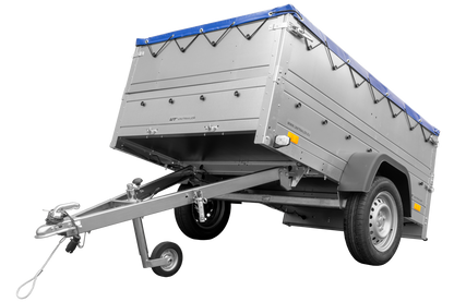 Remolque de coche 750 kg GARDEN TRAILER 201 BASCULANTE con paredes laterales adicionales, rueda de apoyo y lona plana azul