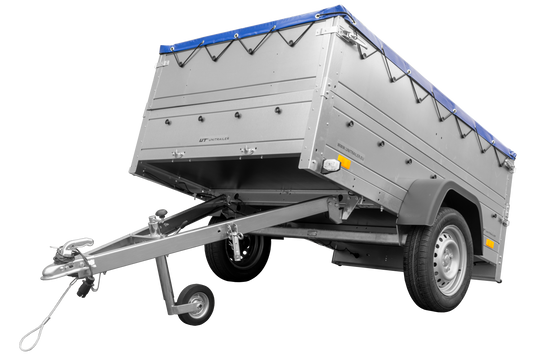 Remolque de coche 750 kg GARDEN TRAILER 201 BASCULANTE con paredes laterales adicionales, rueda de apoyo y lona plana azul