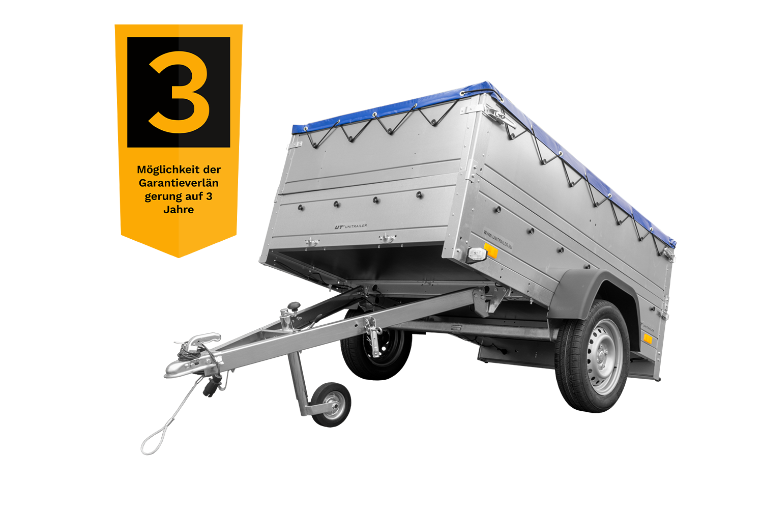 Remolque de coche 750 kg GARDEN TRAILER 201 BASCULANTE con paredes laterales adicionales, rueda de apoyo y lona plana azul