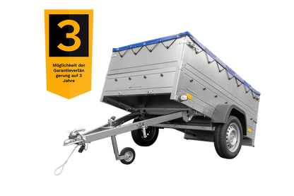 Remolque de coche 750 kg GARDEN TRAILER 201 BASCULANTE con paredes laterales adicionales, rueda de apoyo y lona plana azul