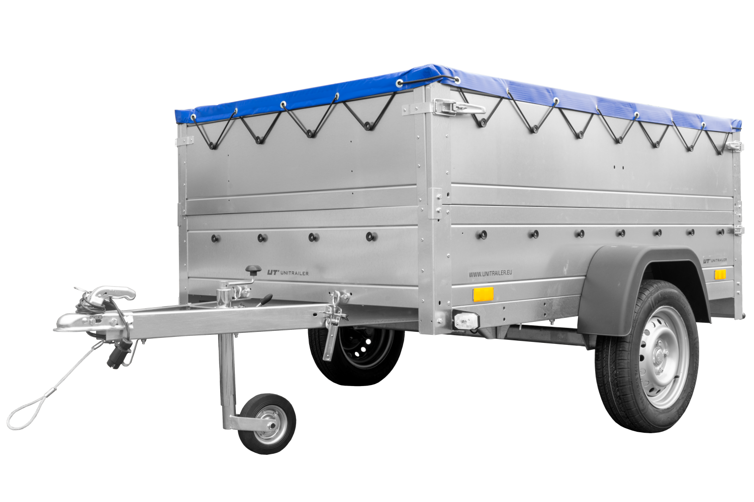 Remolque de coche 750 kg GARDEN TRAILER 201 BASCULANTE con paredes laterales adicionales, rueda de apoyo y lona plana azul