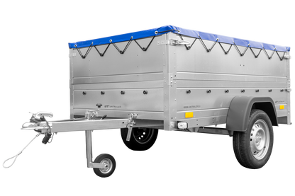 Remolque de coche 750 kg GARDEN TRAILER 201 BASCULANTE con paredes laterales adicionales, rueda de apoyo y lona plana azul