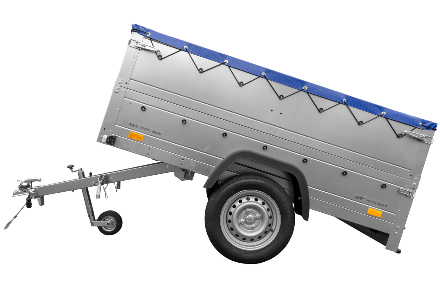Remolque de coche 750 kg GARDEN TRAILER 201 BASCULANTE con paredes laterales adicionales, rueda de apoyo y lona plana azul