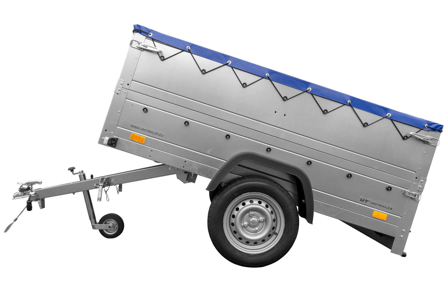 Remolque de coche 750 kg GARDEN TRAILER 201 BASCULANTE con paredes laterales adicionales, rueda de apoyo y lona plana azul