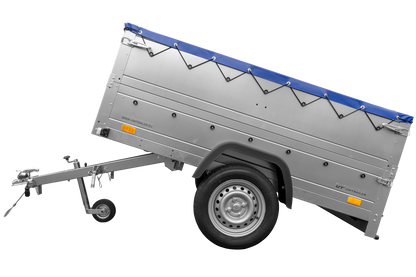 Remolque de coche 750 kg GARDEN TRAILER 201 BASCULANTE con paredes laterales adicionales, rueda de apoyo y lona plana azul
