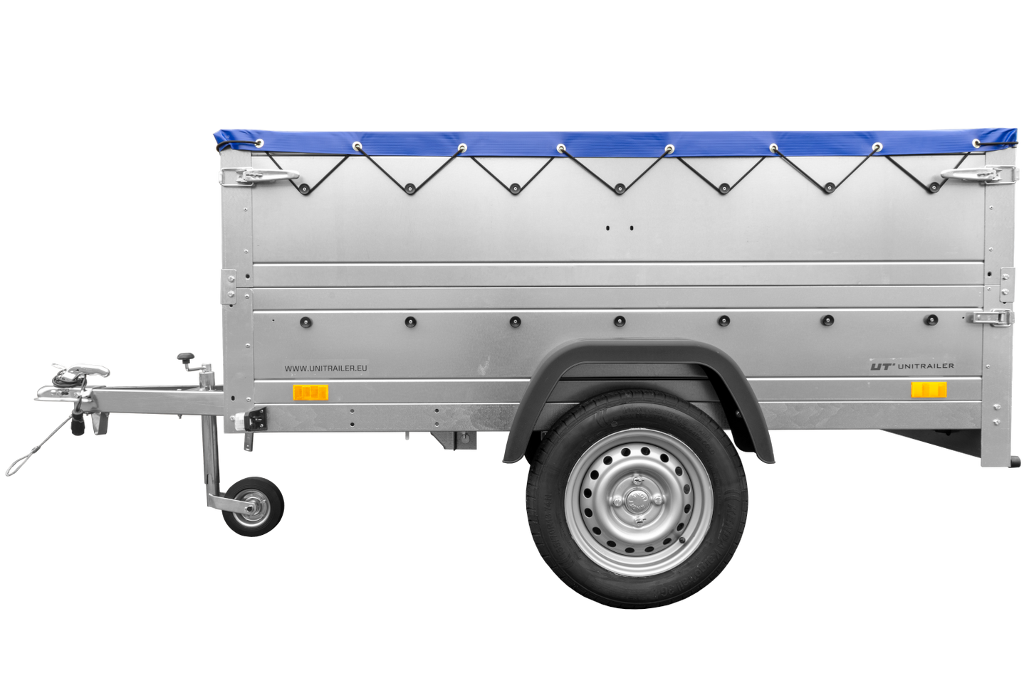 Remolque de coche 750 kg GARDEN TRAILER 201 BASCULANTE con paredes laterales adicionales, rueda de apoyo y lona plana azul
