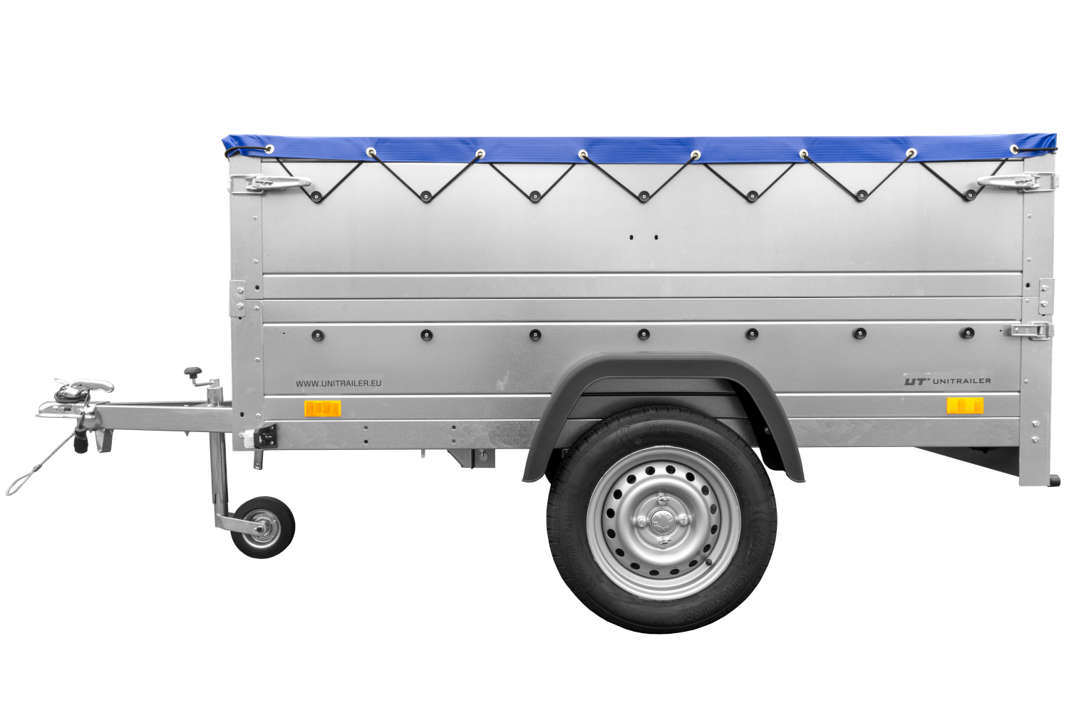 Remolque de coche 750 kg GARDEN TRAILER 201 BASCULANTE con paredes laterales adicionales, rueda de apoyo y lona plana azul