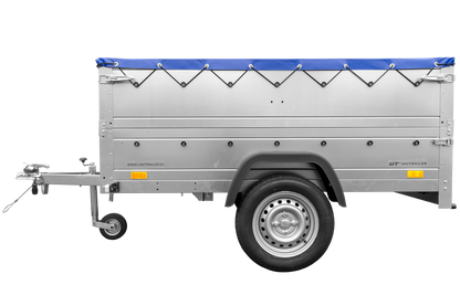 Remolque de coche 750 kg GARDEN TRAILER 201 BASCULANTE con paredes laterales adicionales, rueda de apoyo y lona plana azul