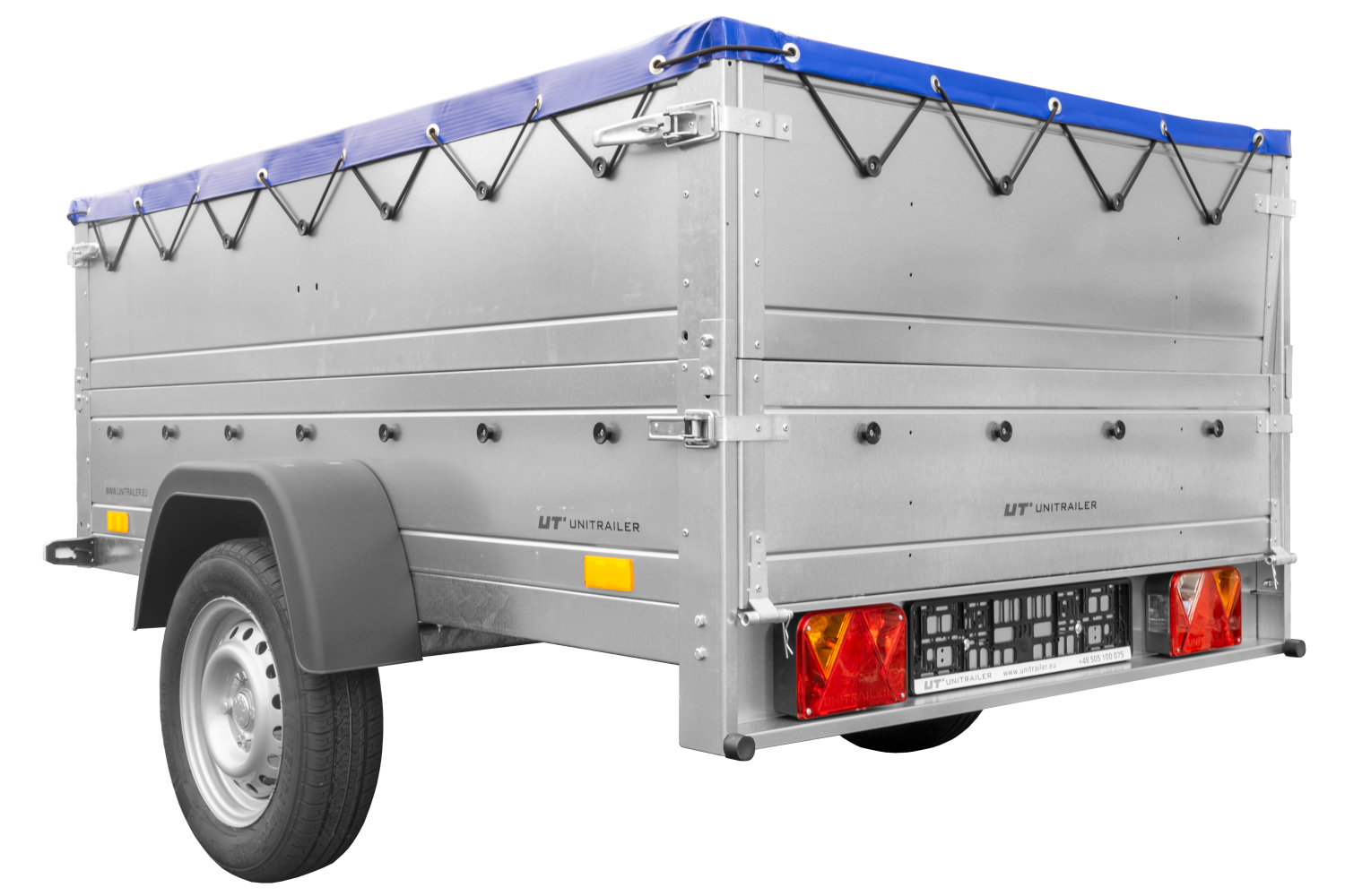 Remolque de coche 750 kg GARDEN TRAILER 201 BASCULANTE con paredes laterales adicionales, rueda de apoyo y lona plana azul