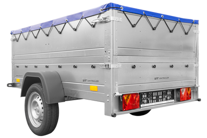 Remolque de coche 750 kg GARDEN TRAILER 201 BASCULANTE con paredes laterales adicionales, rueda de apoyo y lona plana azul