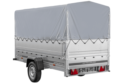 Remolque de coche con lona GARDEN TRAILER 264 BASCULANTE [con rueda de apoyo, paredes laterales adicionales, lona alta y estructura alta]
