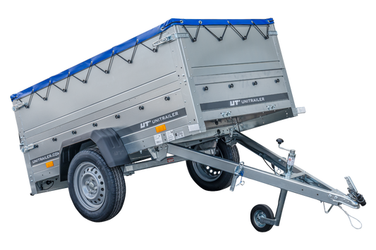 Remolque basculante para coche GARDEN TRAILER 200 KIPP con paredes laterales adicionales, rueda de apoyo y lona plana