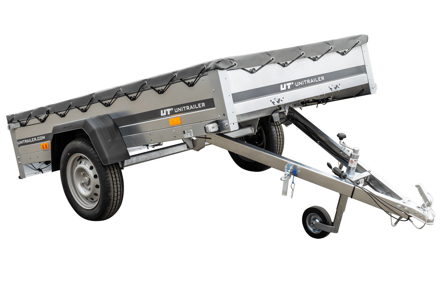 Remolque basculante Garden Trailer 230 KIPP [230 cm x 125 cm] con lona plana, rueda de apoyo y soporte para lona