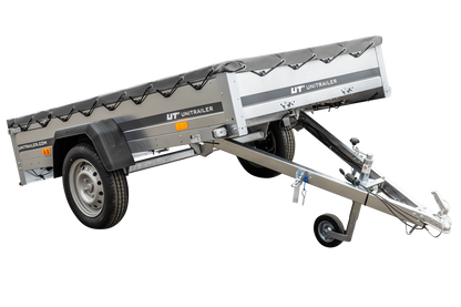 Remolque basculante Garden Trailer 230 KIPP [230 cm x 125 cm] con lona plana, rueda de apoyo y soporte para lona