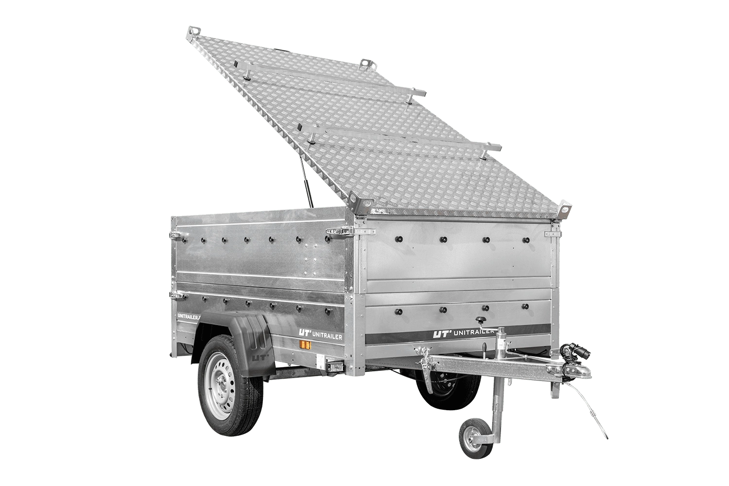 Remolque ligero con muelles 200x125 UNITRAILER GARDEN 201/R BASCULANTE con laterales BIS y cubierta de aluminio