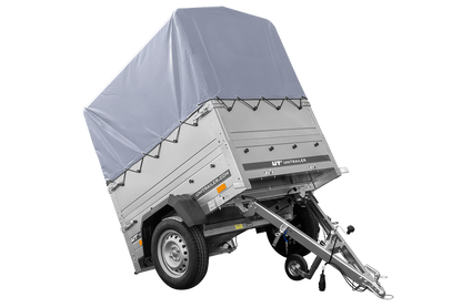 Remolque basculante sin freno GARDEN TRAILER 150 KIPP con laterales adicionales, rueda de apoyo, lona alta y estructura