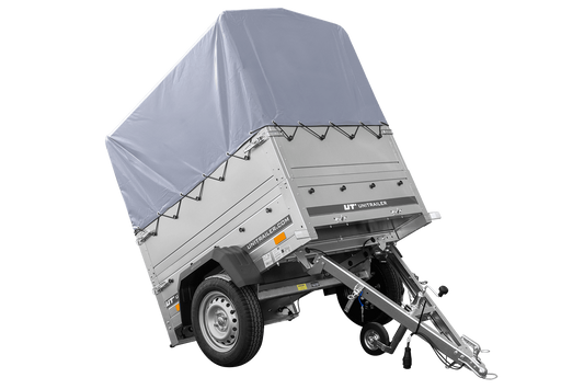 Remolque basculante sin freno GARDEN TRAILER 150 KIPP con laterales adicionales, rueda de apoyo, lona alta y estructura