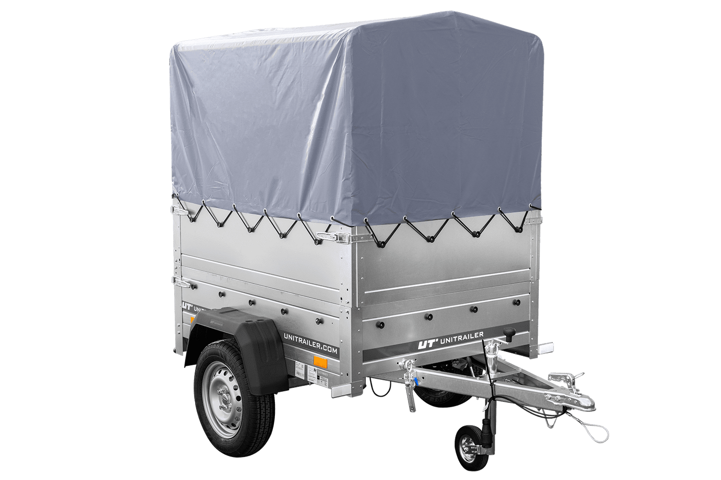 Remolque basculante sin freno GARDEN TRAILER 150 KIPP con laterales adicionales, rueda de apoyo, lona alta y estructura