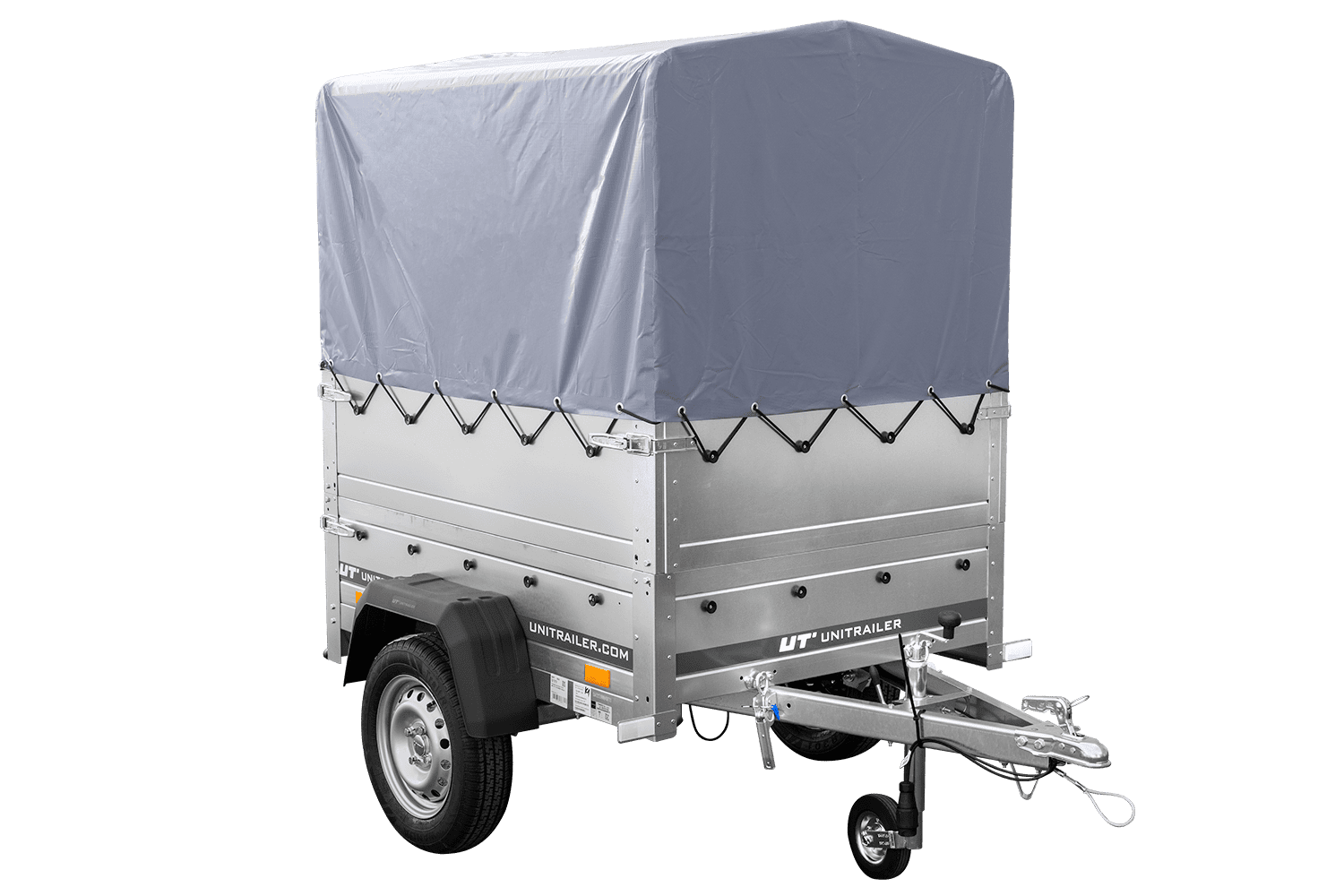 Remolque basculante sin freno GARDEN TRAILER 150 KIPP con laterales adicionales, rueda de apoyo, lona alta y estructura