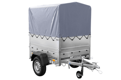 Remolque basculante sin freno GARDEN TRAILER 150 KIPP con laterales adicionales, rueda de apoyo, lona alta y estructura