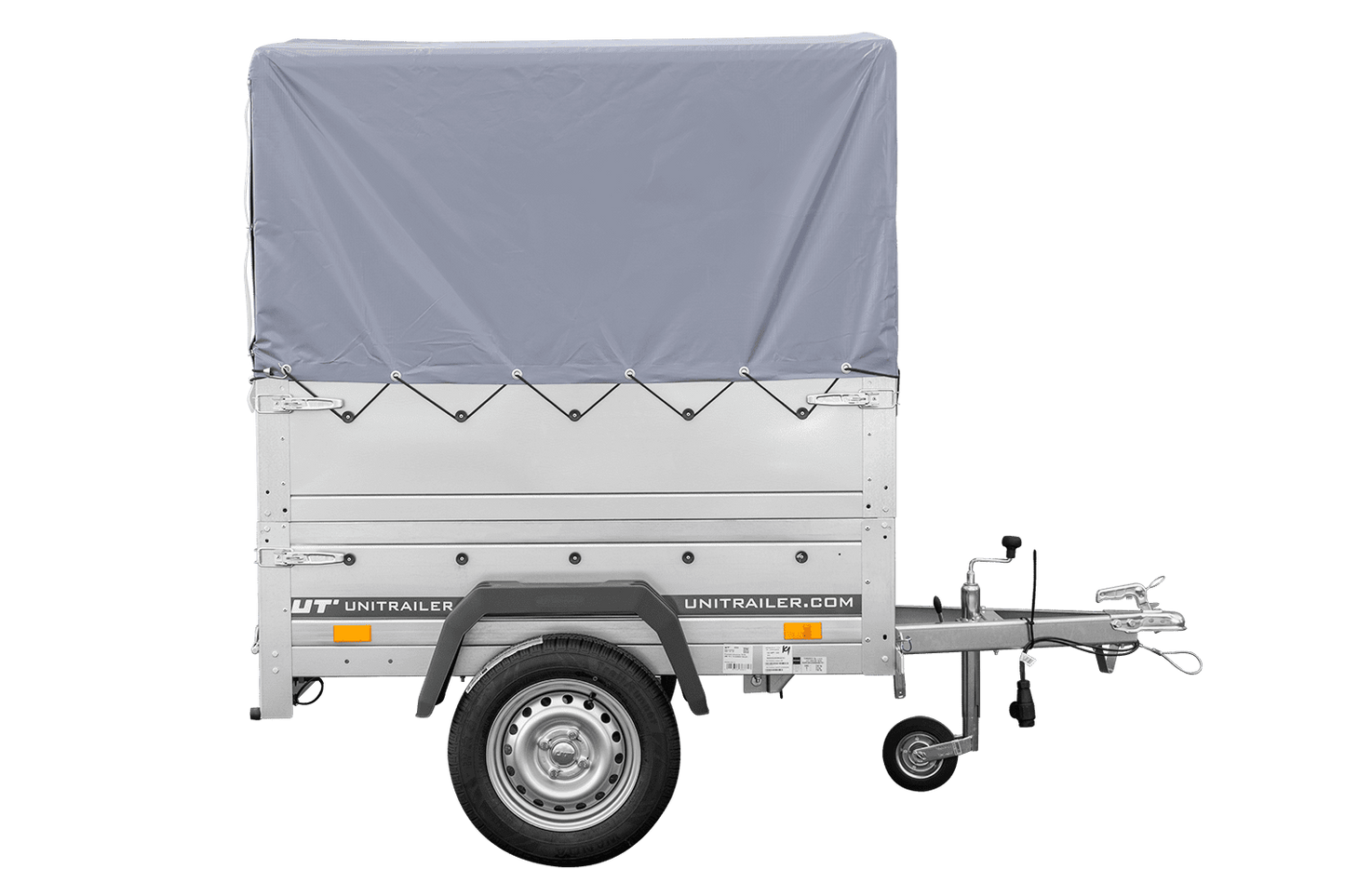 Remolque basculante sin freno GARDEN TRAILER 150 KIPP con laterales adicionales, rueda de apoyo, lona alta y estructura