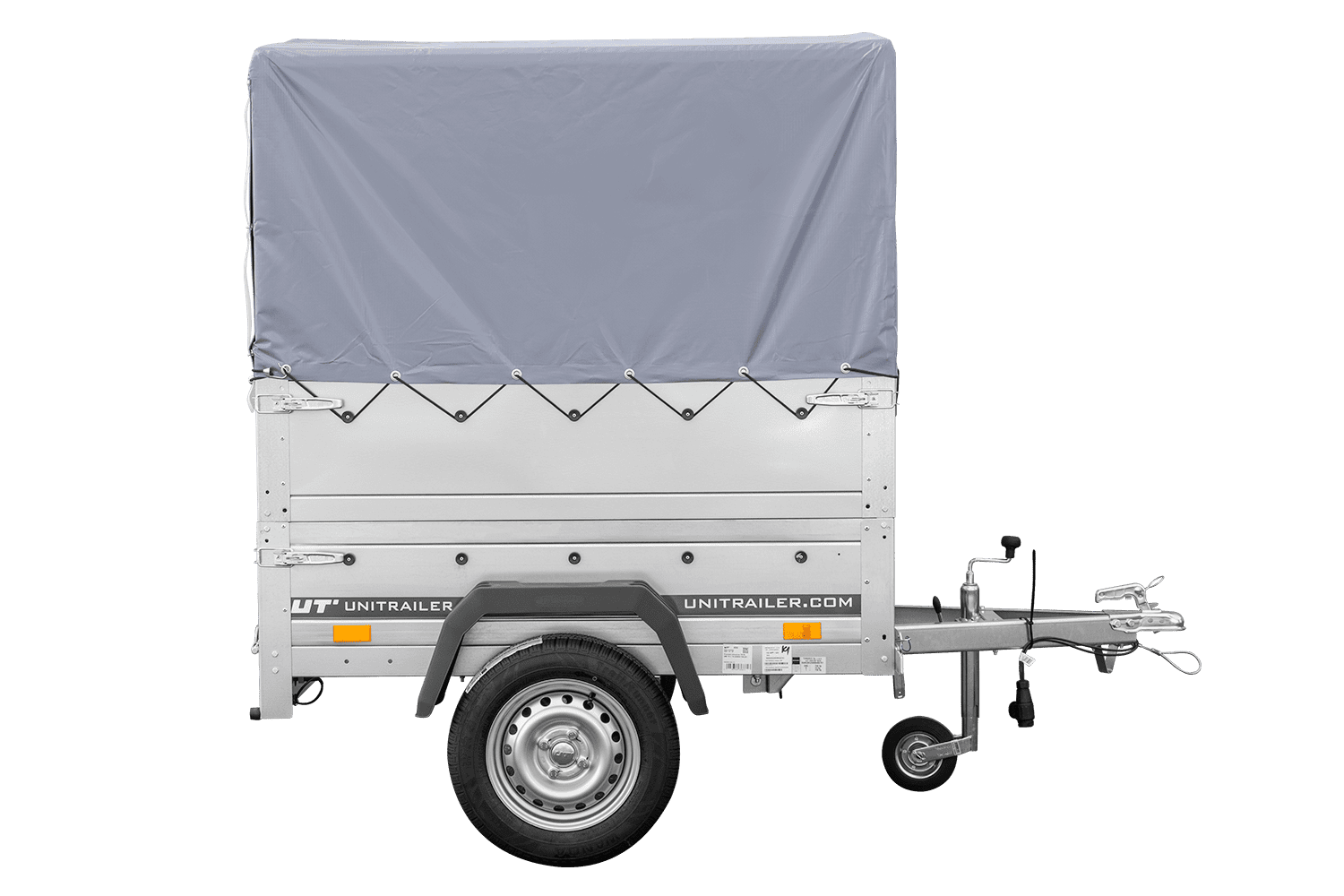 Remolque basculante sin freno GARDEN TRAILER 150 KIPP con laterales adicionales, rueda de apoyo, lona alta y estructura