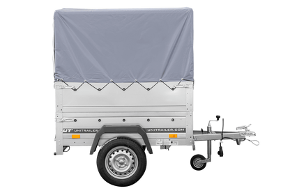 Remolque basculante sin freno GARDEN TRAILER 150 KIPP con laterales adicionales, rueda de apoyo, lona alta y estructura