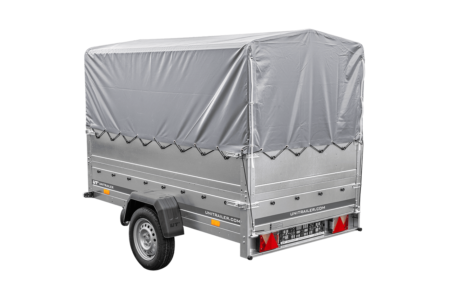 Remolque de coche 230x125 UNITRAILER GARDEN 230 FD con laterales BIS, estructura H-800 y lona gris