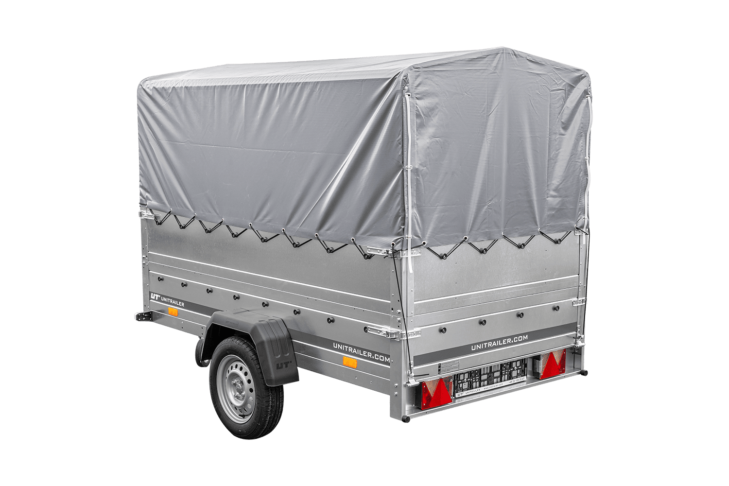 Remolque de coche 230x125 UNITRAILER GARDEN 230 FD con laterales BIS, estructura H-800 y lona gris