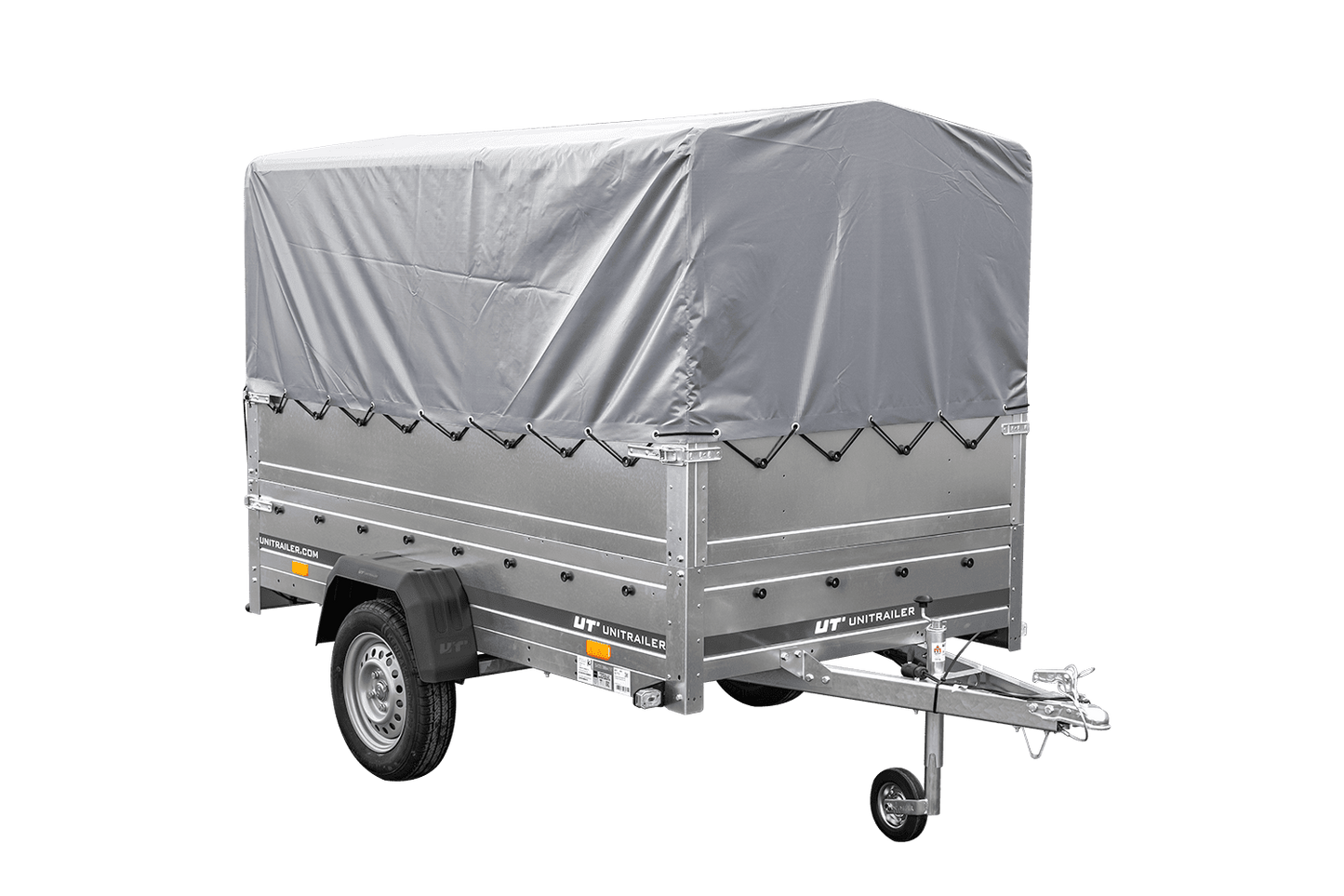 Remolque de coche 230x125 UNITRAILER GARDEN 230 FD con laterales BIS, estructura H-800 y lona gris