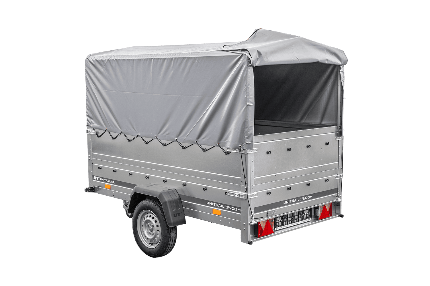 Remolque de coche 230x125 UNITRAILER GARDEN 230 FD con laterales BIS, estructura H-800 y lona gris