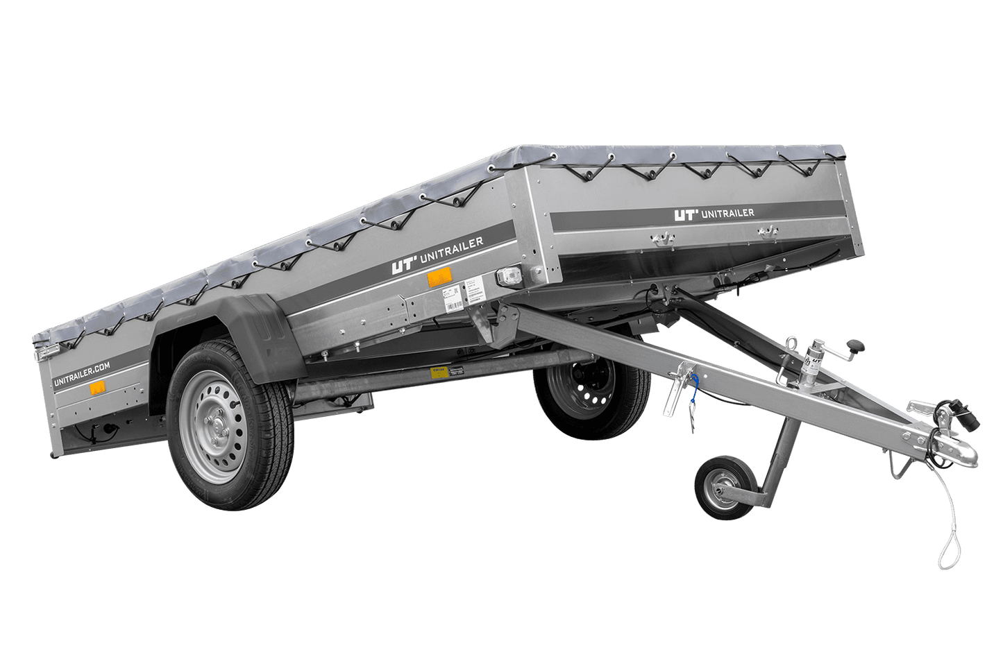 Remolque de coche 264x150 UNITRAILER GARDEN 265 BASCULANTE con soporte para lona plana y lona gris