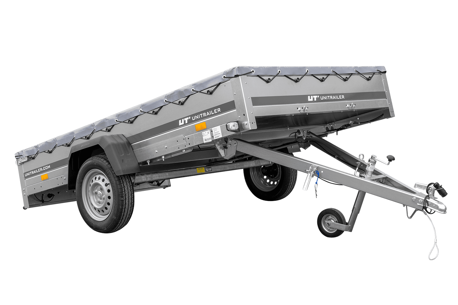 Remolque de coche 264x150 UNITRAILER GARDEN 265 BASCULANTE con soporte para lona plana y lona gris