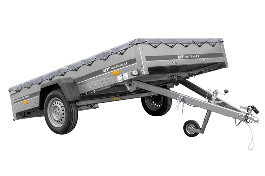 Remolque de coche 264x150 UNITRAILER GARDEN 265 BASCULANTE con soporte para lona plana y lona gris