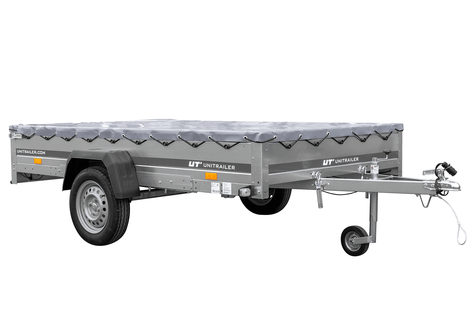 Remolque de coche 264x150 UNITRAILER GARDEN 265 BASCULANTE con soporte para lona plana y lona gris