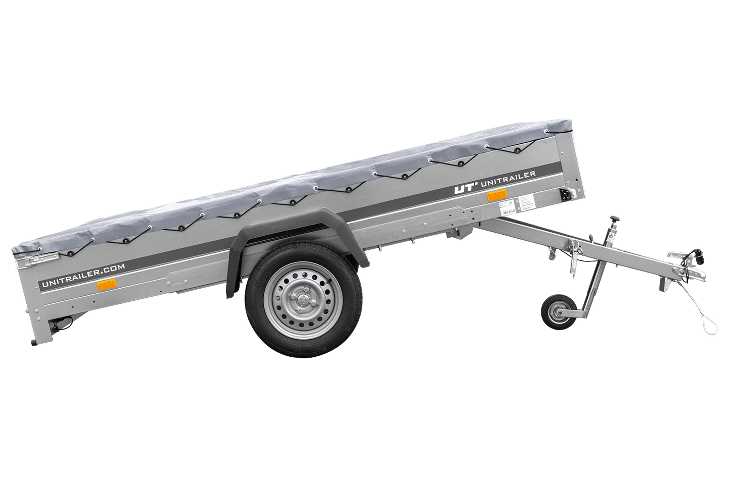 Remolque de coche 264x150 UNITRAILER GARDEN 265 BASCULANTE con soporte para lona plana y lona gris