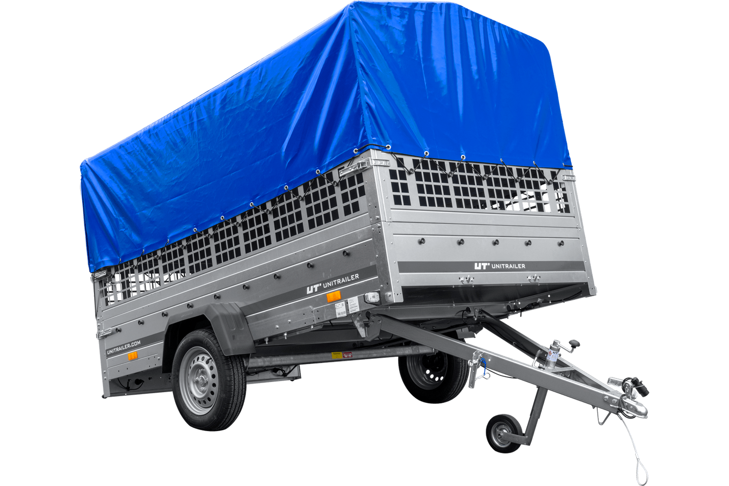 Remolque de coche 264x150 UNITRAILER GARDEN 265 BASCULANTE con laterales de rejilla, estructura H-800 y lona azul