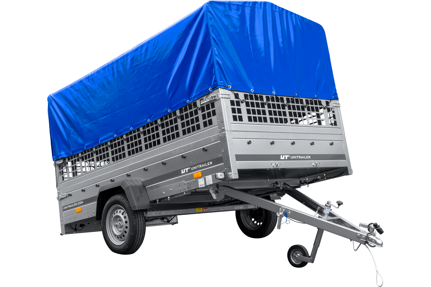 Remolque de coche 264x150 UNITRAILER GARDEN 265 BASCULANTE con laterales de rejilla, estructura H-800 y lona azul
