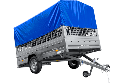 Remolque de coche 264x150 UNITRAILER GARDEN 265 BASCULANTE con laterales de rejilla, estructura H-800 y lona azul