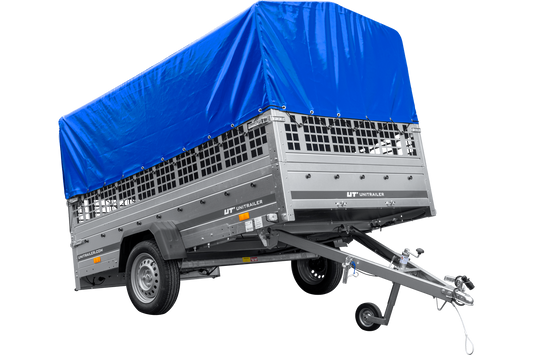 Remolque de coche 264x150 UNITRAILER GARDEN 265 BASCULANTE con laterales de rejilla, estructura H-800 y lona azul