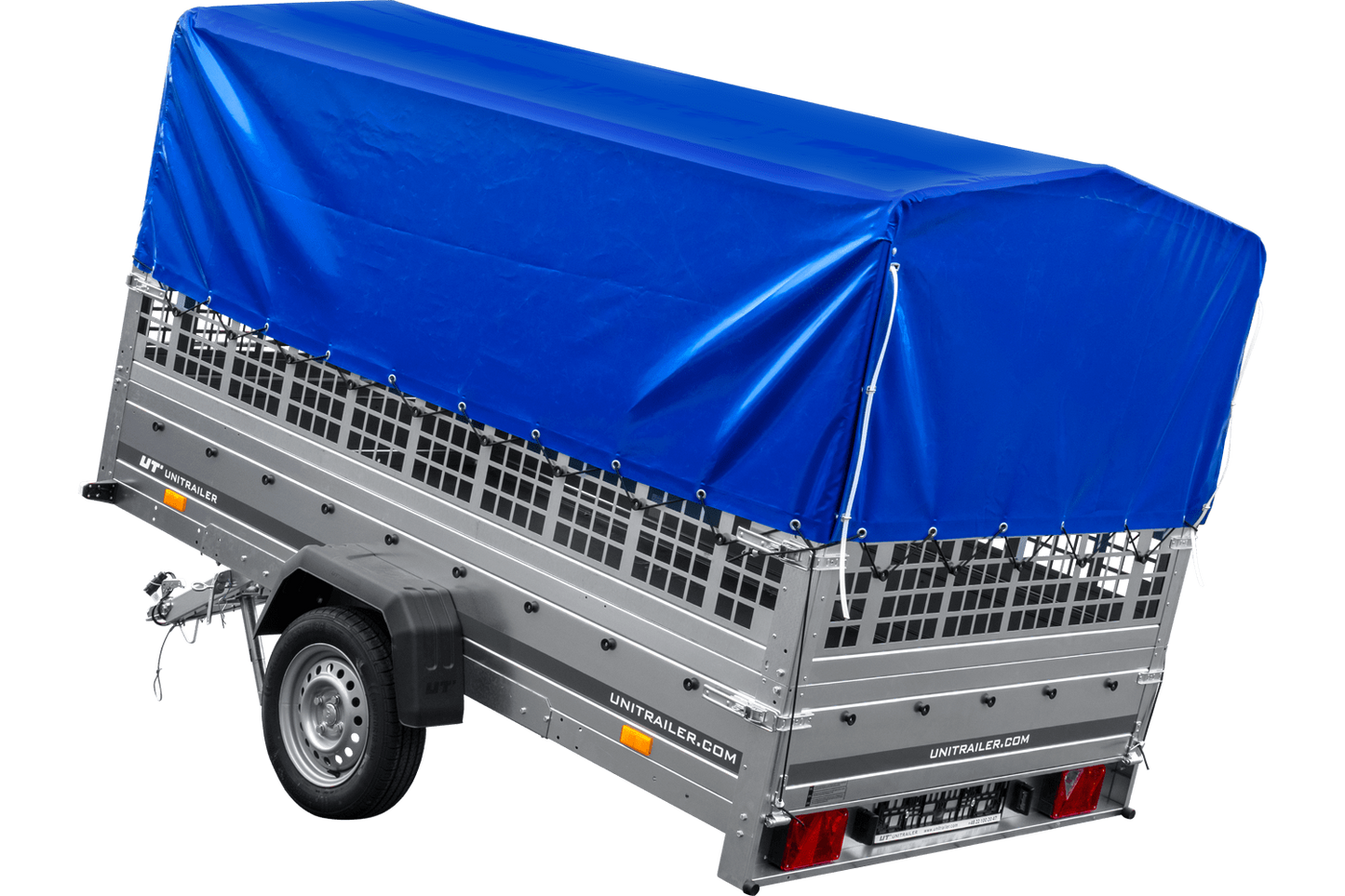 Remolque de coche 264x150 UNITRAILER GARDEN 265 BASCULANTE con laterales de rejilla, estructura H-800 y lona azul