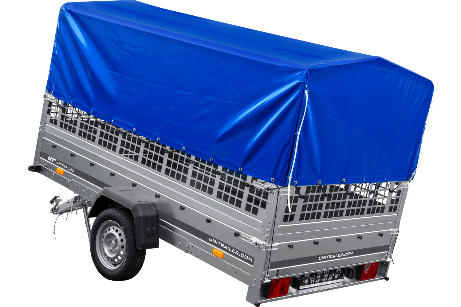 Remolque de coche 264x150 UNITRAILER GARDEN 265 BASCULANTE con laterales de rejilla, estructura H-800 y lona azul