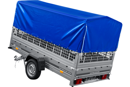 Remolque de coche 264x150 UNITRAILER GARDEN 265 BASCULANTE con laterales de rejilla, estructura H-800 y lona azul