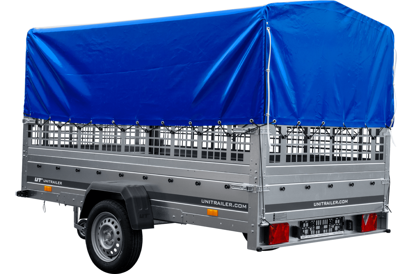 Remolque de coche 264x150 UNITRAILER GARDEN 265 BASCULANTE con laterales de rejilla, estructura H-800 y lona azul