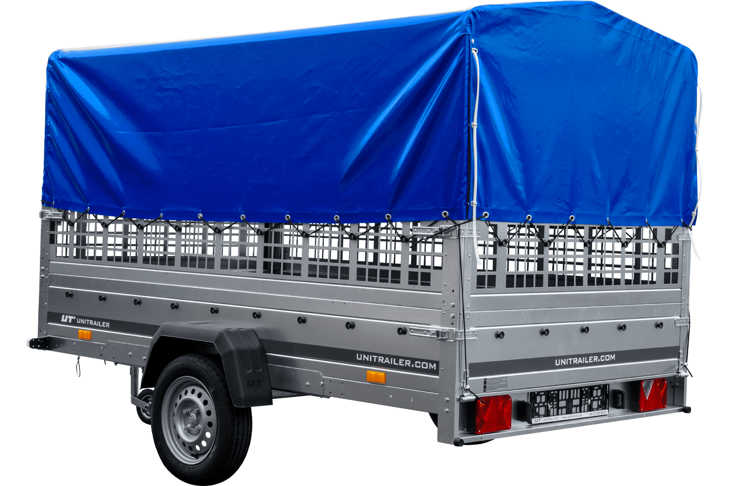 Remolque de coche 264x150 UNITRAILER GARDEN 265 BASCULANTE con laterales de rejilla, estructura H-800 y lona azul